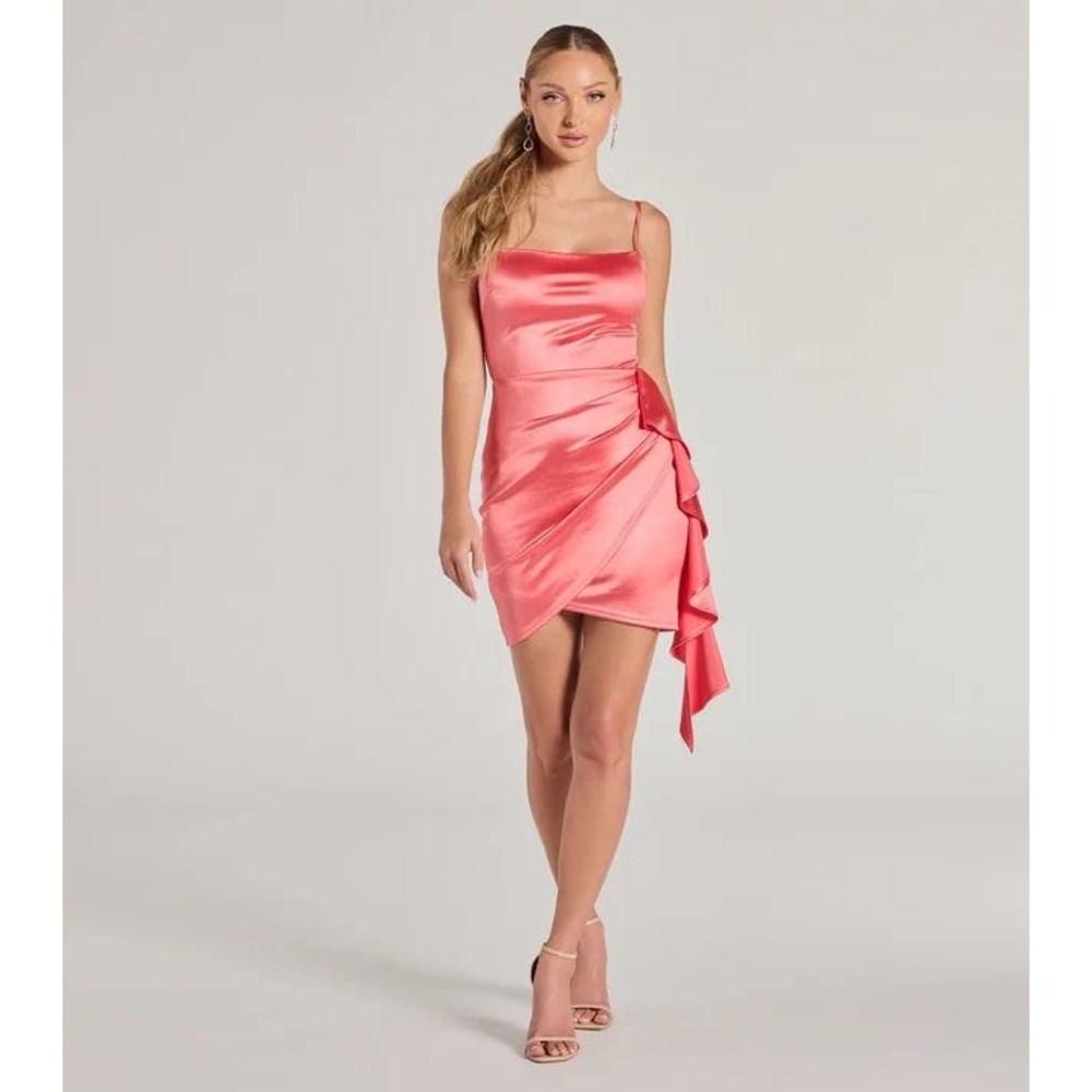 Windsor Coral Satin Lace Up Back Ruffle Mini Dress Large NWT
